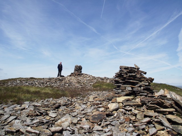 The twin cairns on the Pennine Way near the summit