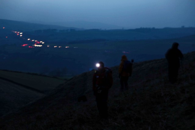 Headtorches in use for the last bit, with the M6 motorway beyond (JB)