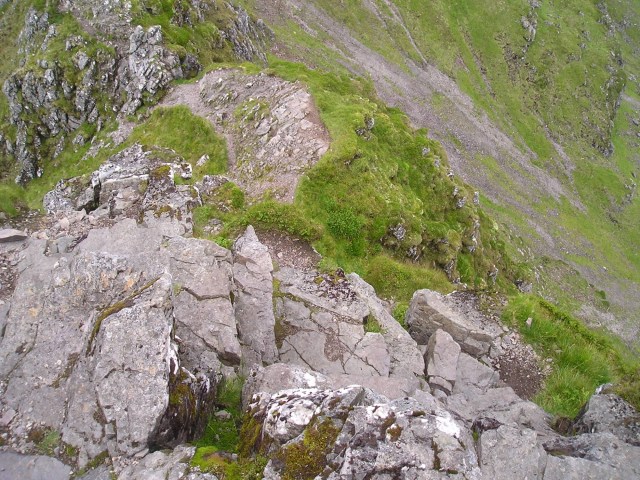 The steep climb down the 20 metre rock buttress seen from above