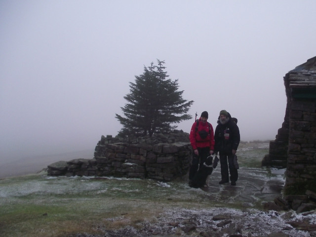 The Author, John Bamber and Border Collie ‘Mist’ leaving Greg’s Hut after two days in residence