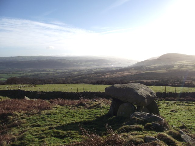 The Maen y Bardd dolmen, looking down towards the Afon (River) Conwy