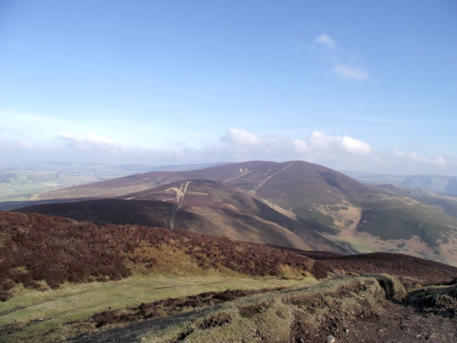 Moel y Gaer (centre and nearer) and Moel y Gamelin from Moel Morfydd (AKA Llantysilio Mountain)