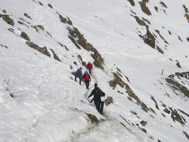 Walkers at the top of the PYG Track, Snowdonia