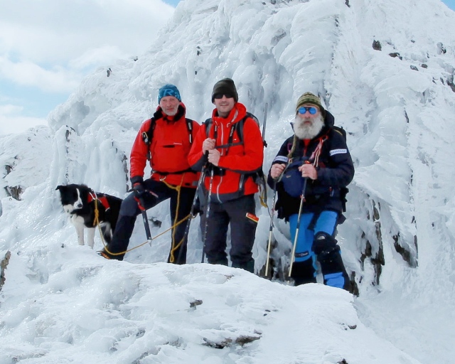 At the summit of Glyder Fawr – ‘Mist’, the author, Tom and John (JB)