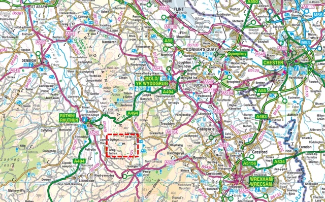 The Clwydian Hills of North East Wales (the Moel y Plas map above is the area included in the red box)