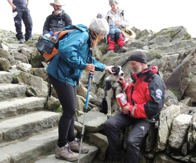 Fundraising – the author and ‘Mist’ on the summit of Yr Wyddfa (Snowdon) (MR)