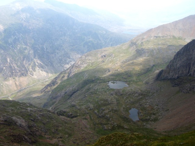 Last view into the Cwm, with the Llanberis Pass road far below