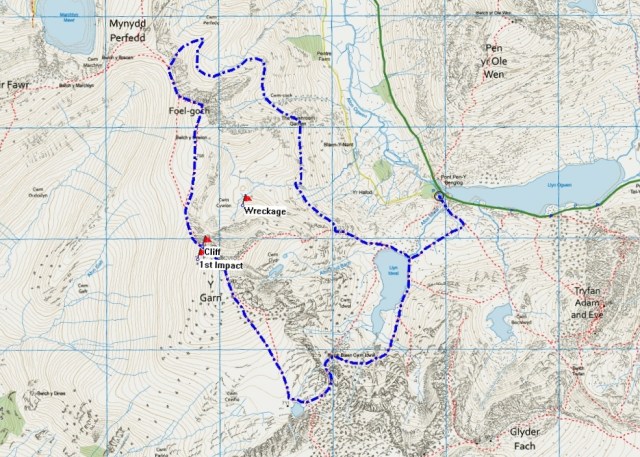 Map showing my route, and the site of the aircrash of February 1945