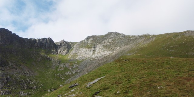 Looking up to the summit of Yr Elen, with the Northeast Ridge on the right skyline