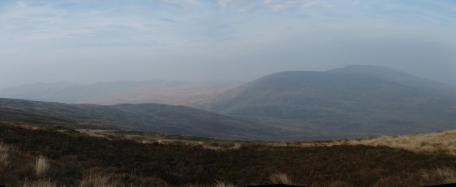 Last hills of the day in the distance – Foel Lwyd (right of centre) and Tal y Fan (far right)