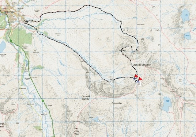 The route (clockwise) with Yr Elen, the aircrash site (1) and the site of the wreckage (2)
