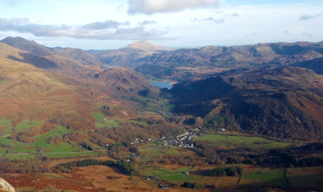 Looking down to the start at Beddgelert, with Moel Siabod in the distance 