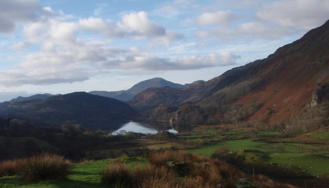 First view of Moel Hebog (centre) beyond Llyn Gwynant