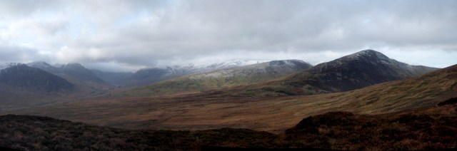 Tryfan and the mountains of the Glyderau (left) and the Carneddau (centre and right)