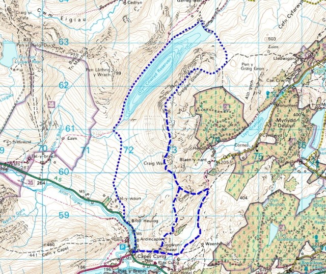 Outward route - dashes. Intended route - dots, return variation - dashes & dots