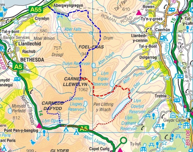 The route taken by the group (intended route in blue, escape route in red, abandoned routes dotted)