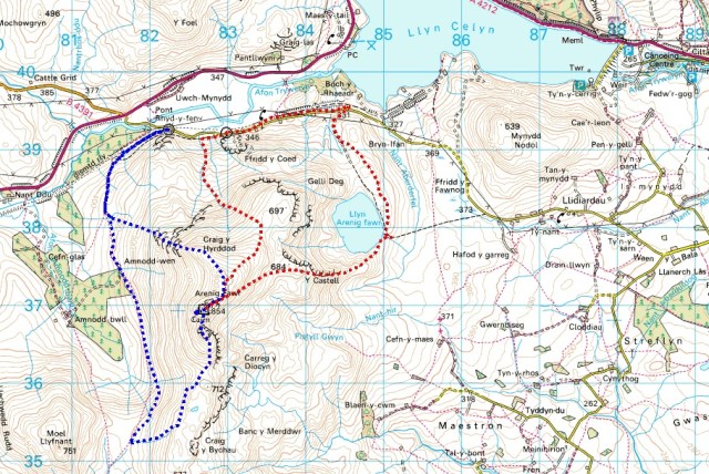 The route (in red – 2012 route in blue)