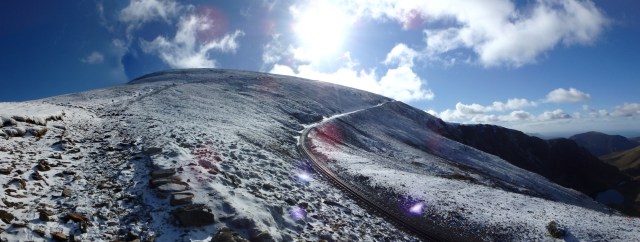 The railway line (centre right) above Clogwyn Coch, with the Llanberis Path above and left