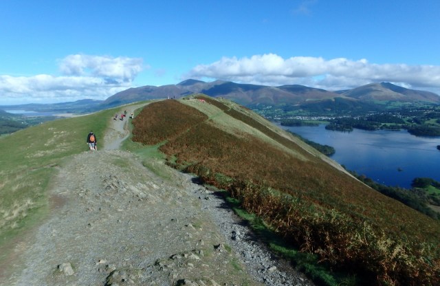 The view north on the Cat Bells Ridge, with Skiddaw (centre) and Blencathra (right) in the distance